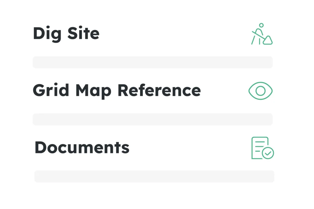 Safe dig information showing dig site, grid map reference and required documents.