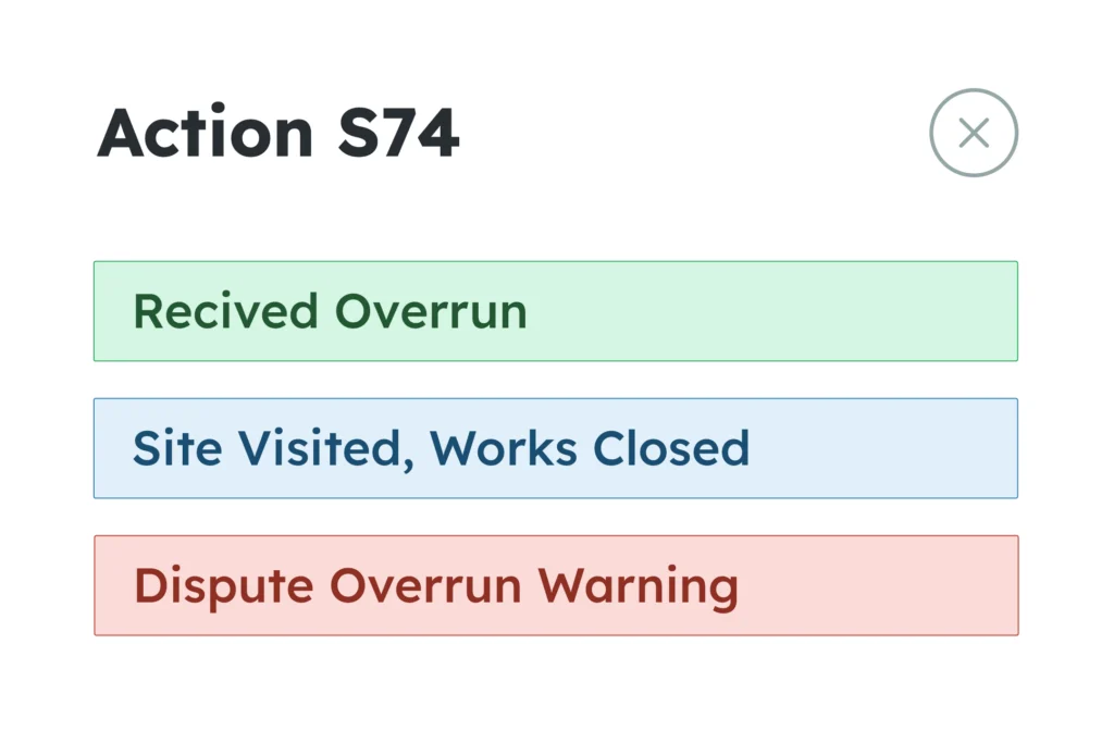 Section 74 overrun actions for managing street works compliance.