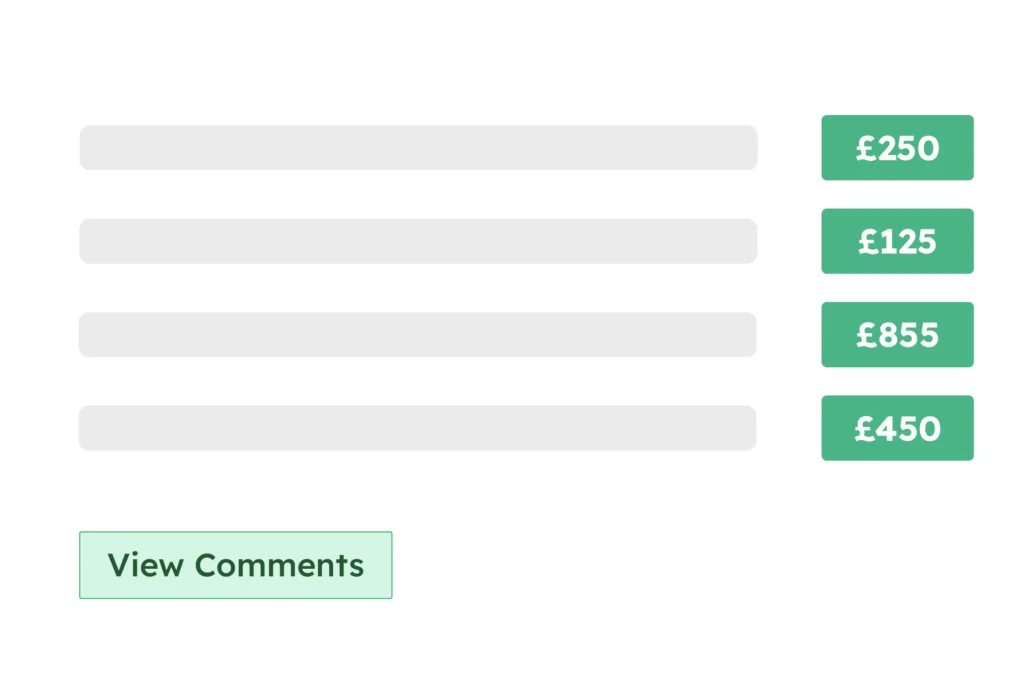Quotation values and comments available for commercial teams to review.
