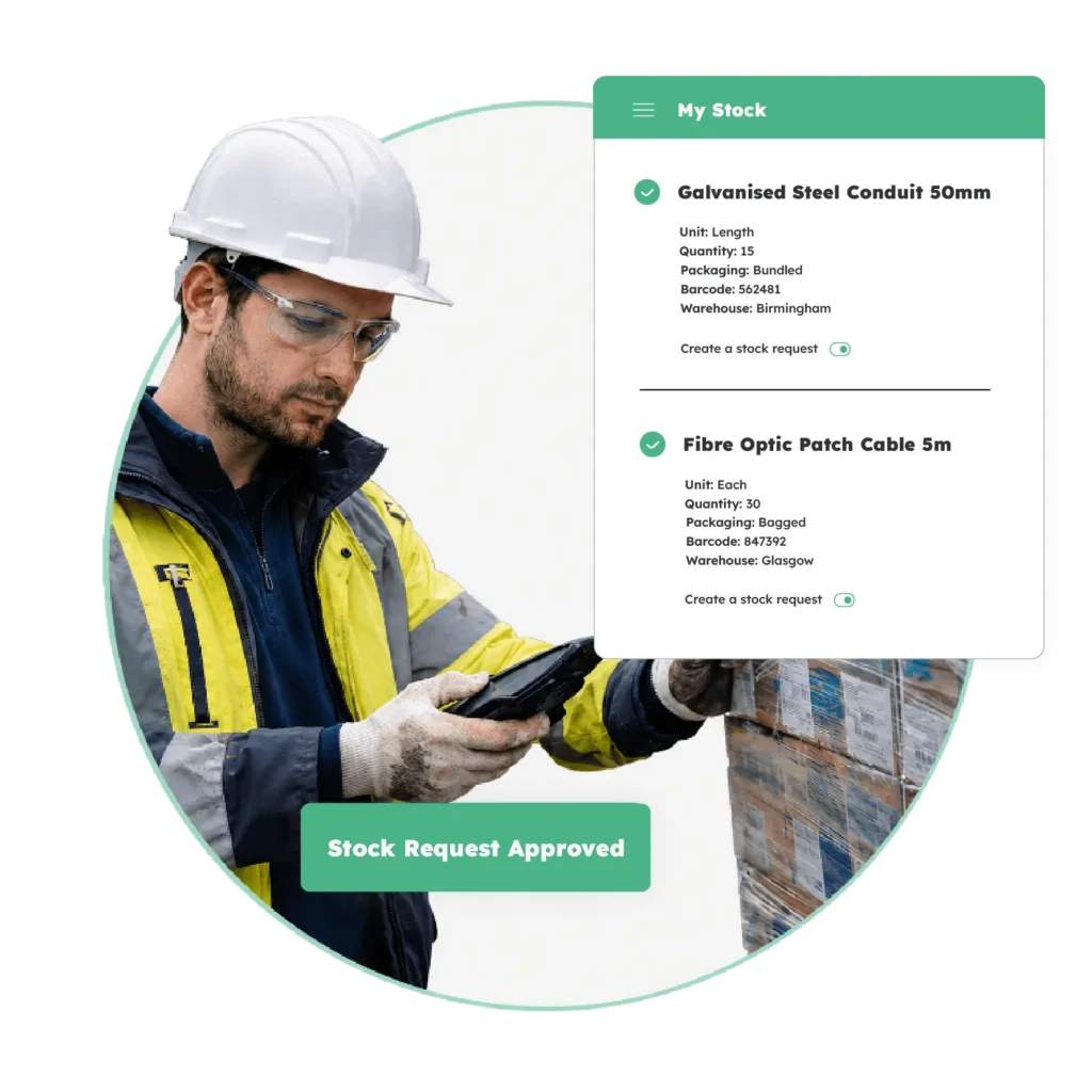 Utilities operative using stock management software to view materials and manage stock requests.