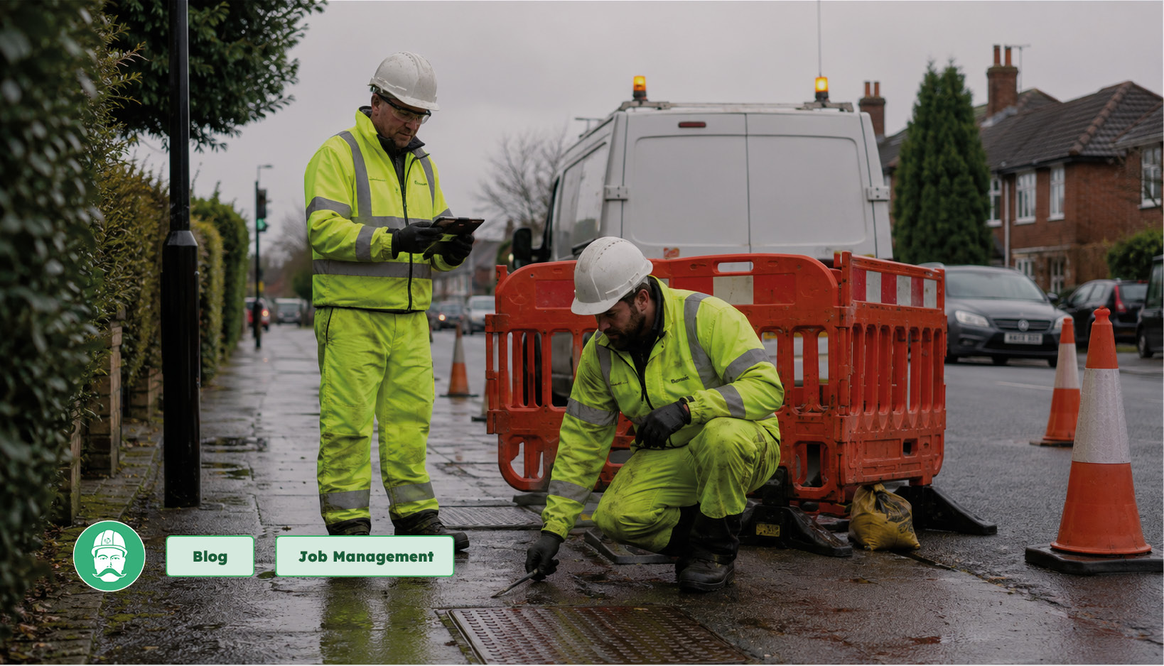 Two utility operatives conducting a roadside site survey, using a tablet and inspecting a utility cover before work begins.