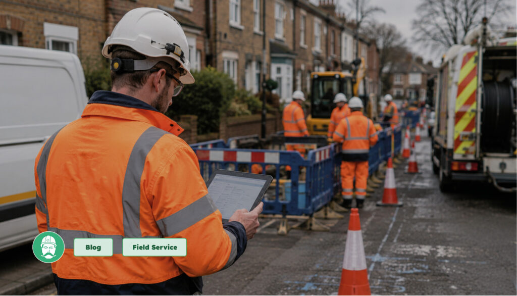 Utilities operative using a tablet to manage street works and field operations with job management software.