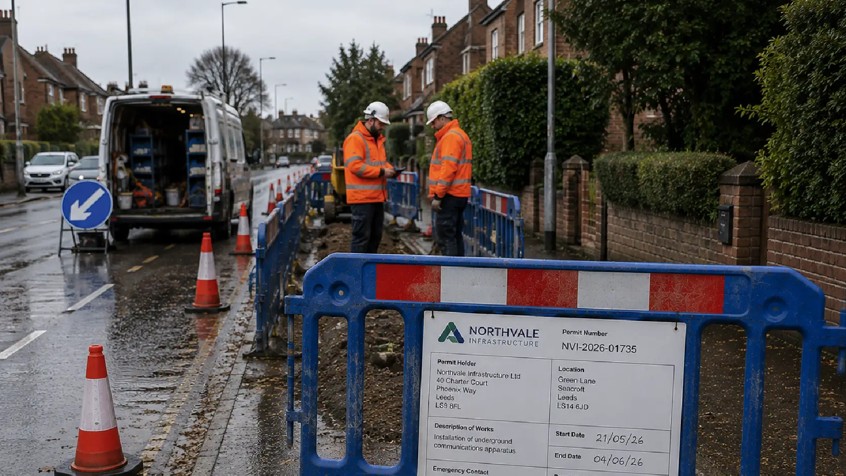 Utility operatives performing infrastructure work whilst securing the area with a permit.