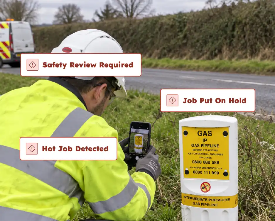 AI hot job validation identifying an HPP marker and placing unsafe work on hold for safety review.