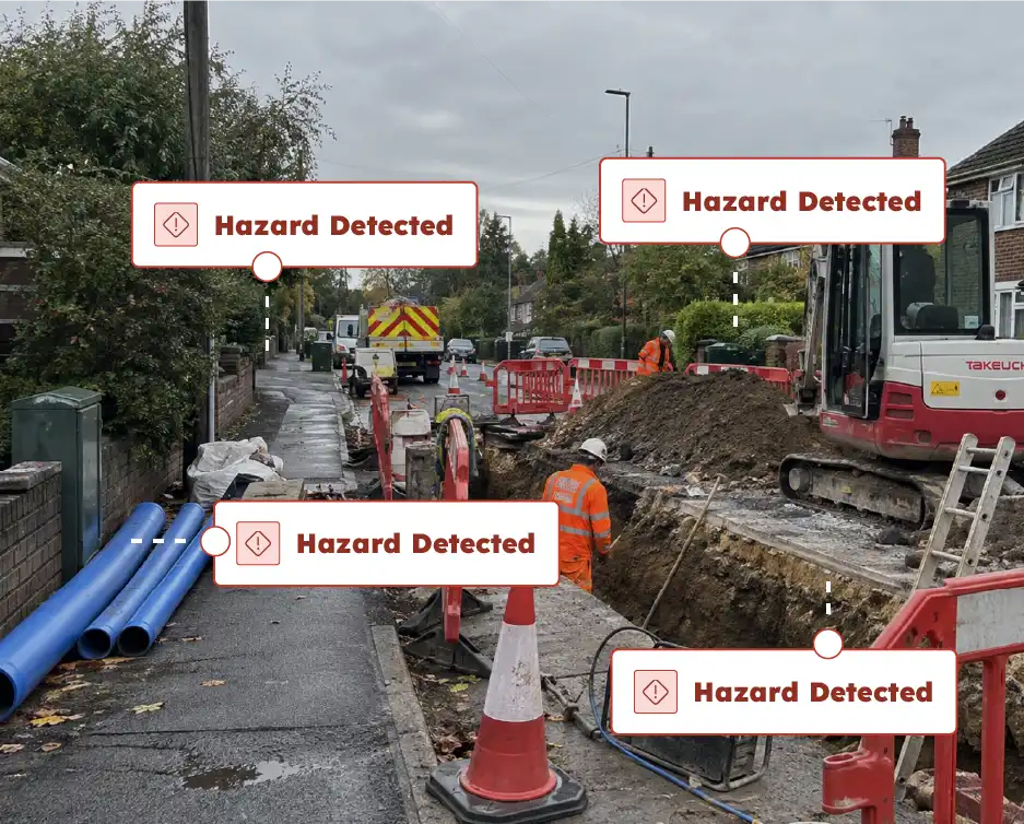 AI hazard detection identifying multiple risks across an active street works site.