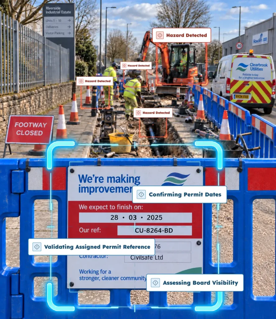 AI job management software detecting site hazards and validating permit board details during utility works.