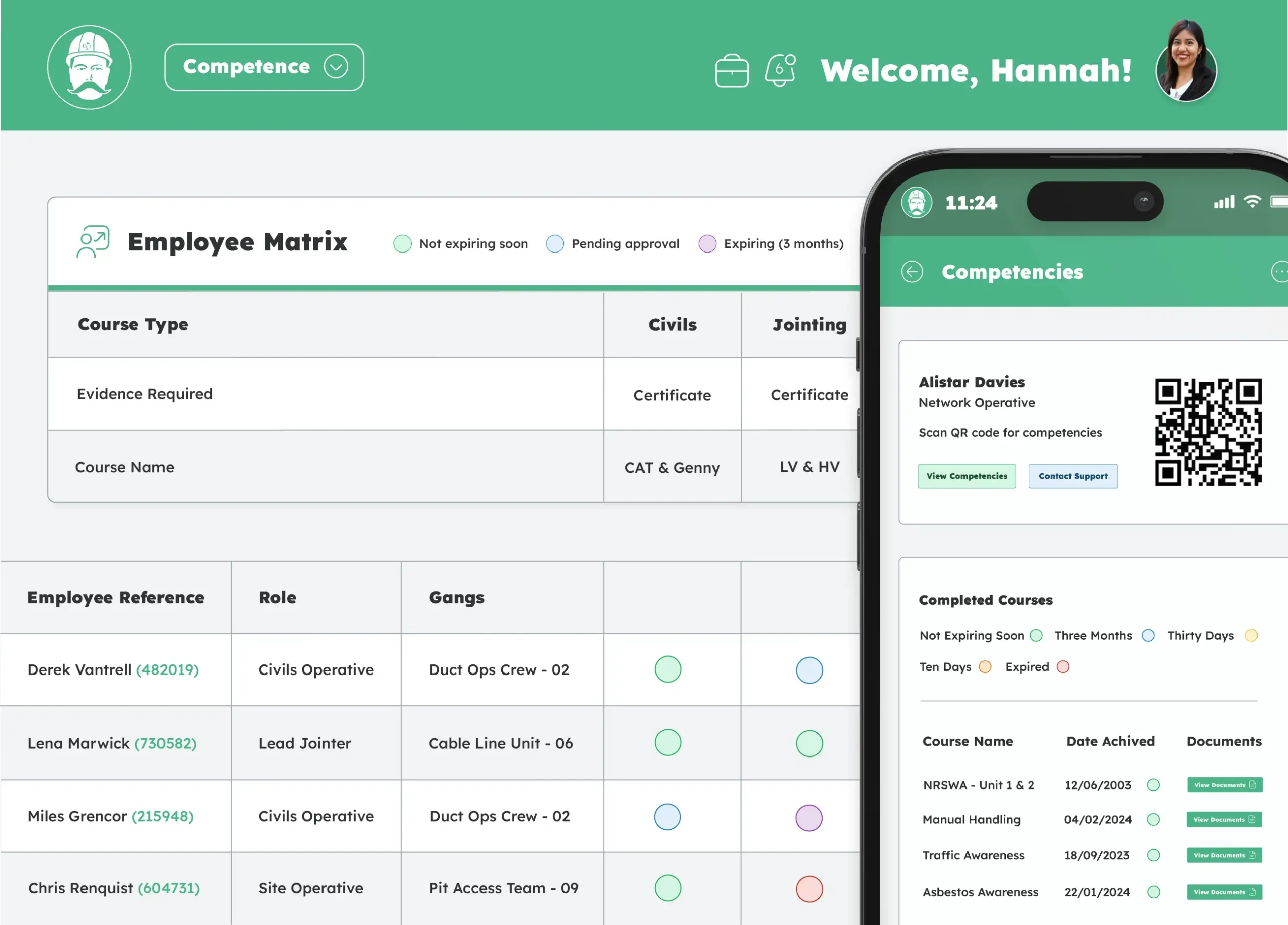 Competence management software showing employee skills, course status, certificates and training records