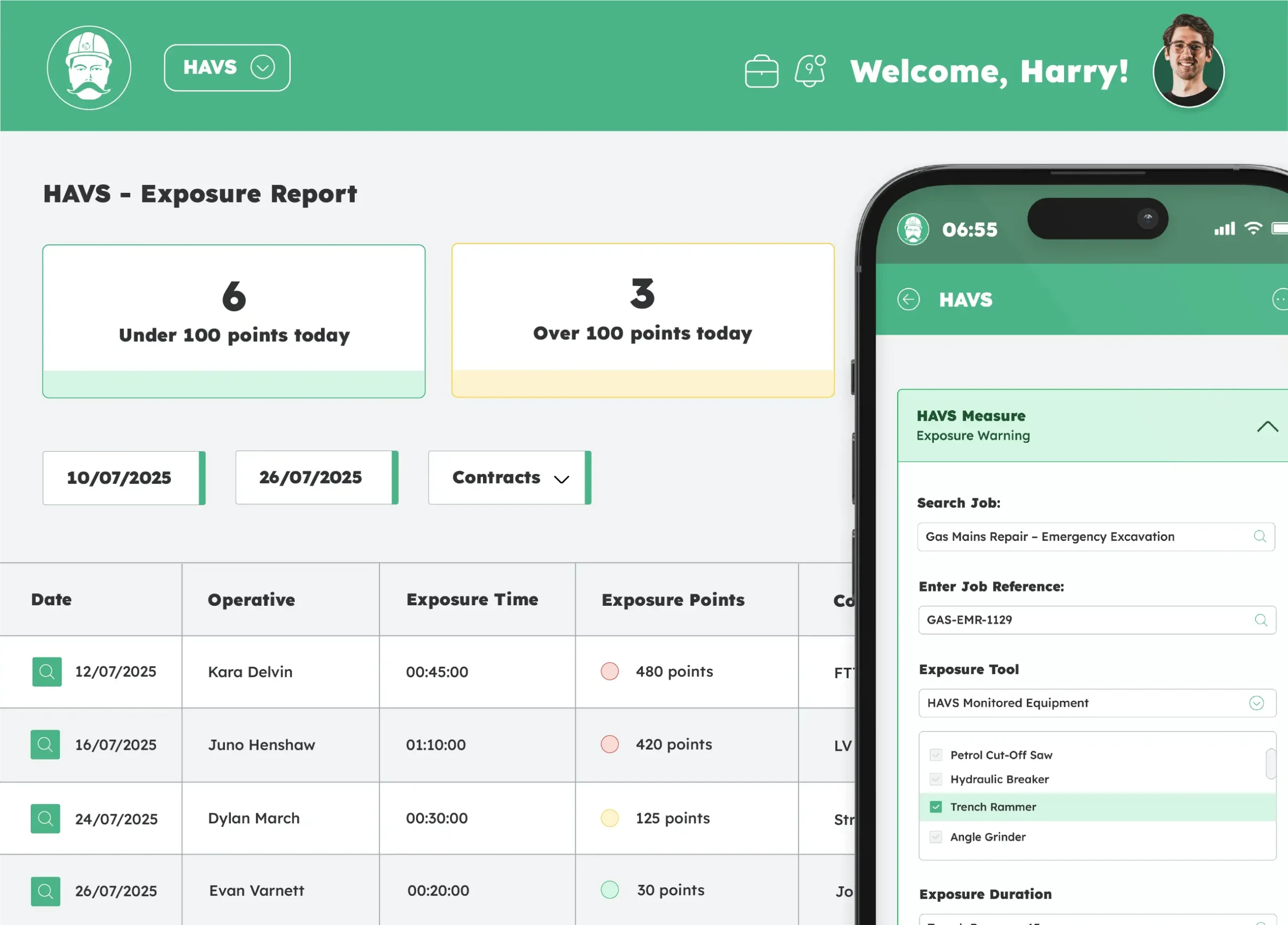 HAVS management software showing operative exposure times, vibration points and equipment usage