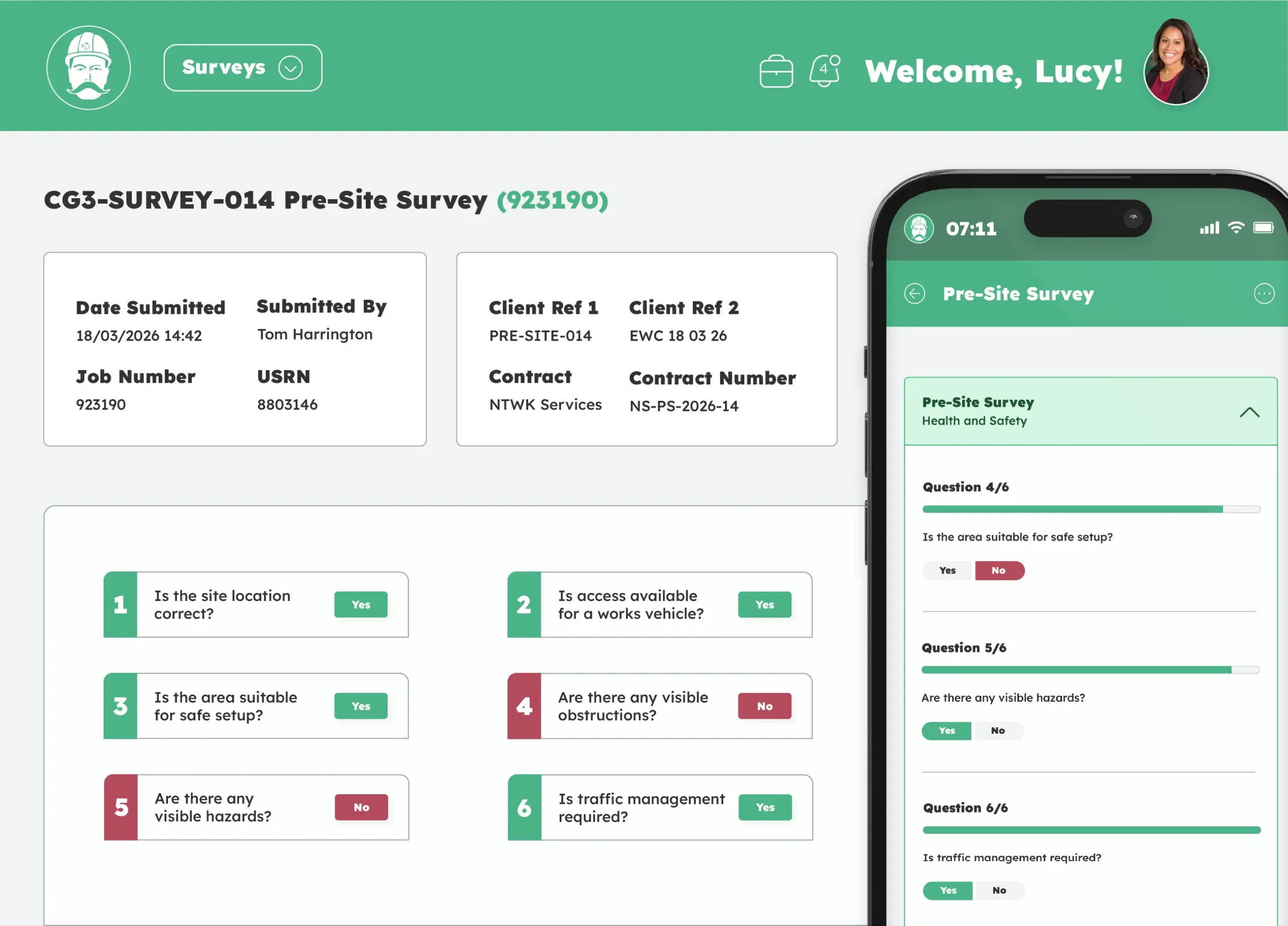 Site survey software showing a digital pre-site survey completed across desktop and mobile.