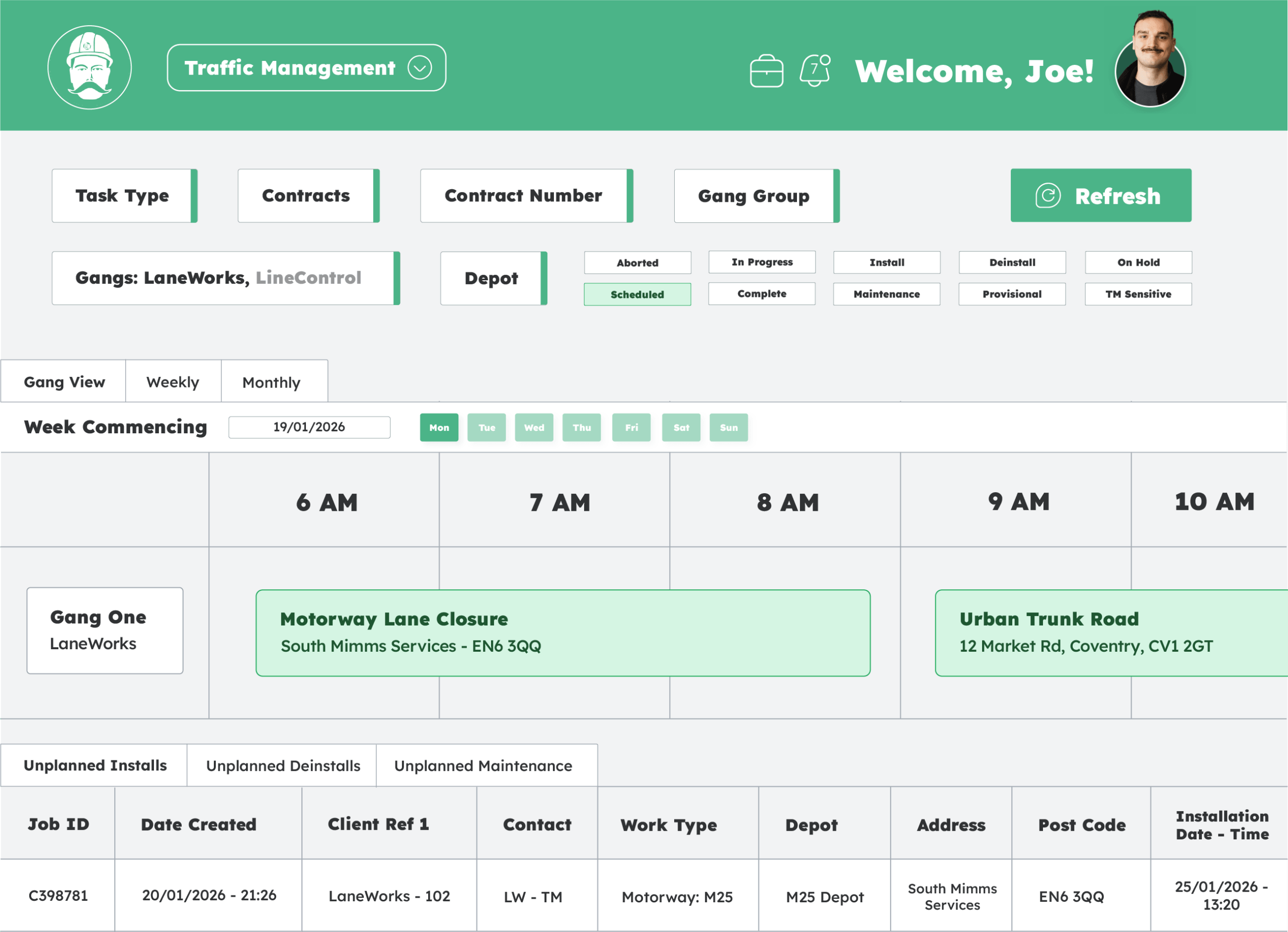 Traffic management software showing scheduled gangs, installations and maintenance work