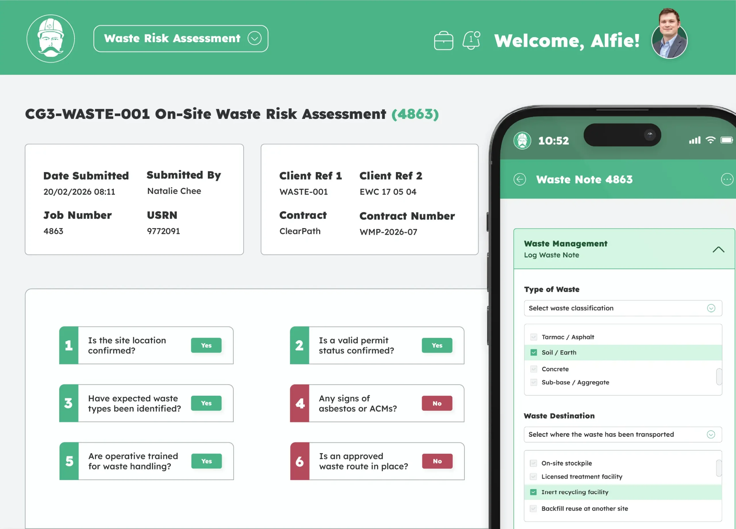 Waste management software showing an on-site waste risk assessment and digital waste note.