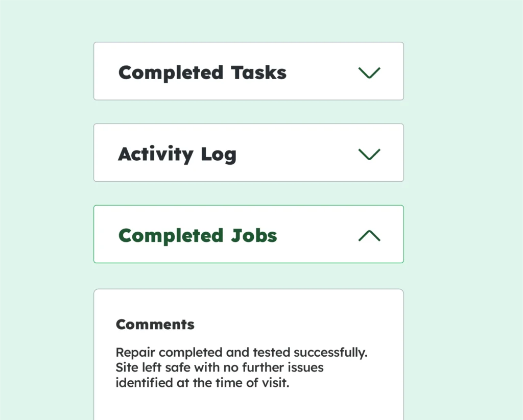 Completed work orders, activity logs and completion comments recorded within Depotnet.