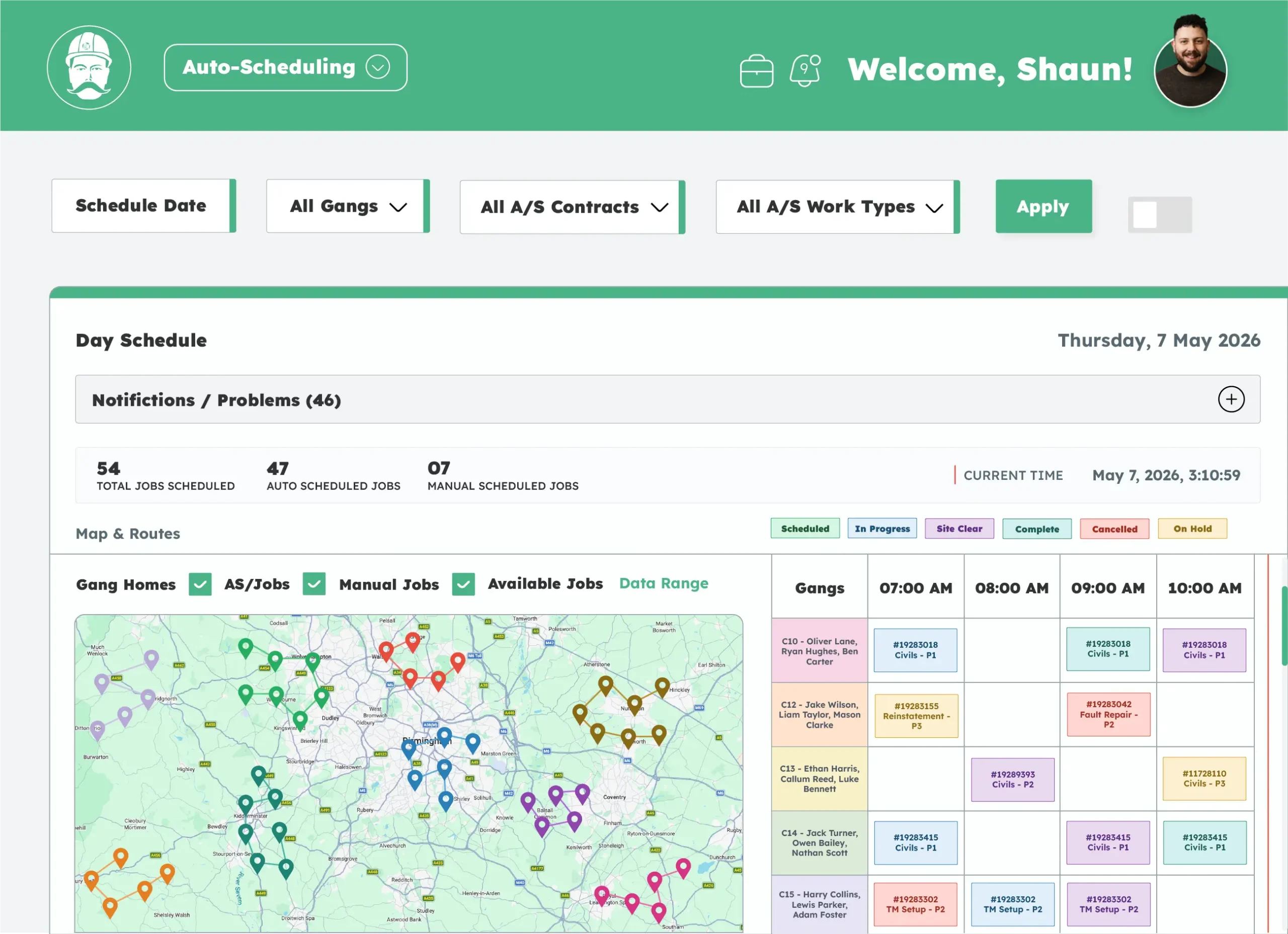 Depotnet job scheduling software showing scheduled jobs, gang availability, routes and map view.