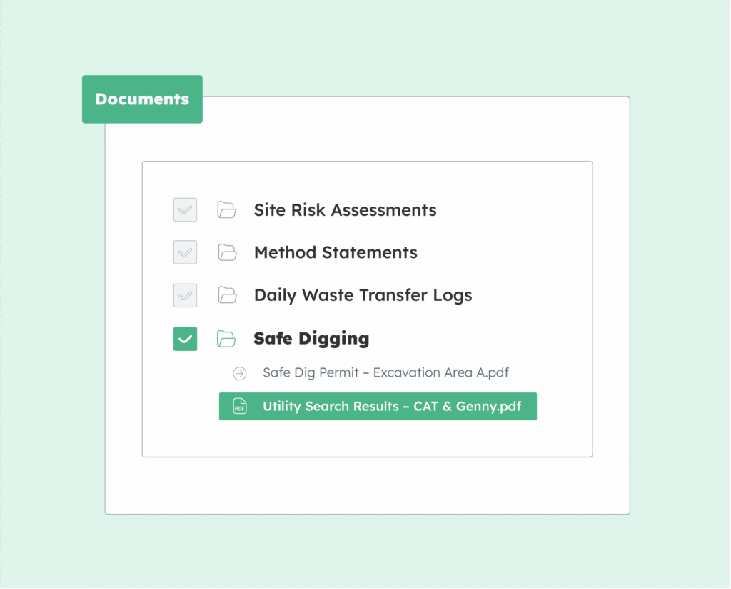 Digital site safety documents including risk assessments, method statements, waste logs and safe digging records.