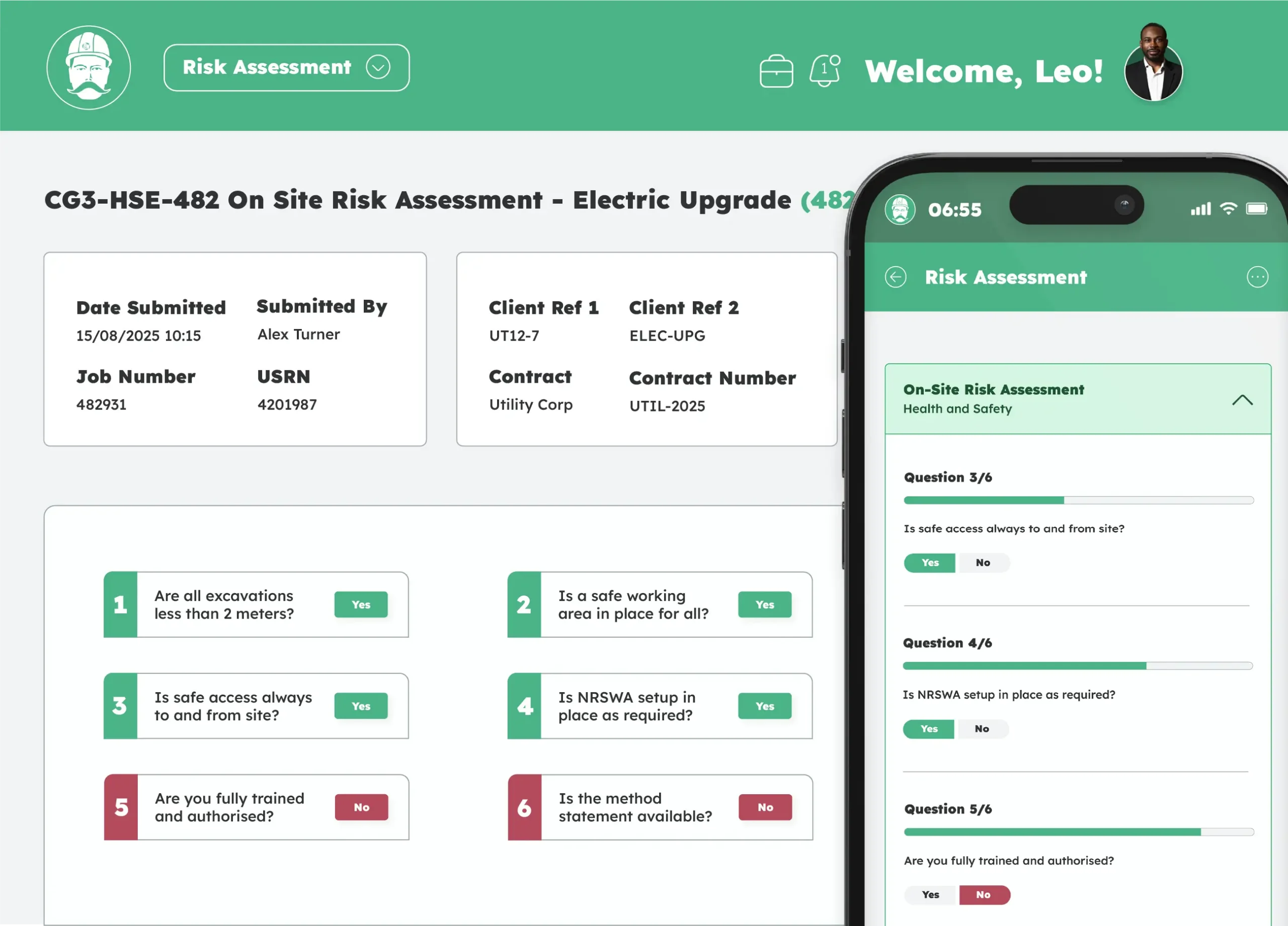 Depotnet health and safety management software showing an on-site risk assessment across desktop and mobile.
