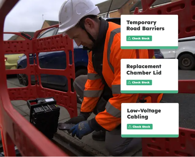 Field operative checking stock availability for materials required to complete a utilities job.