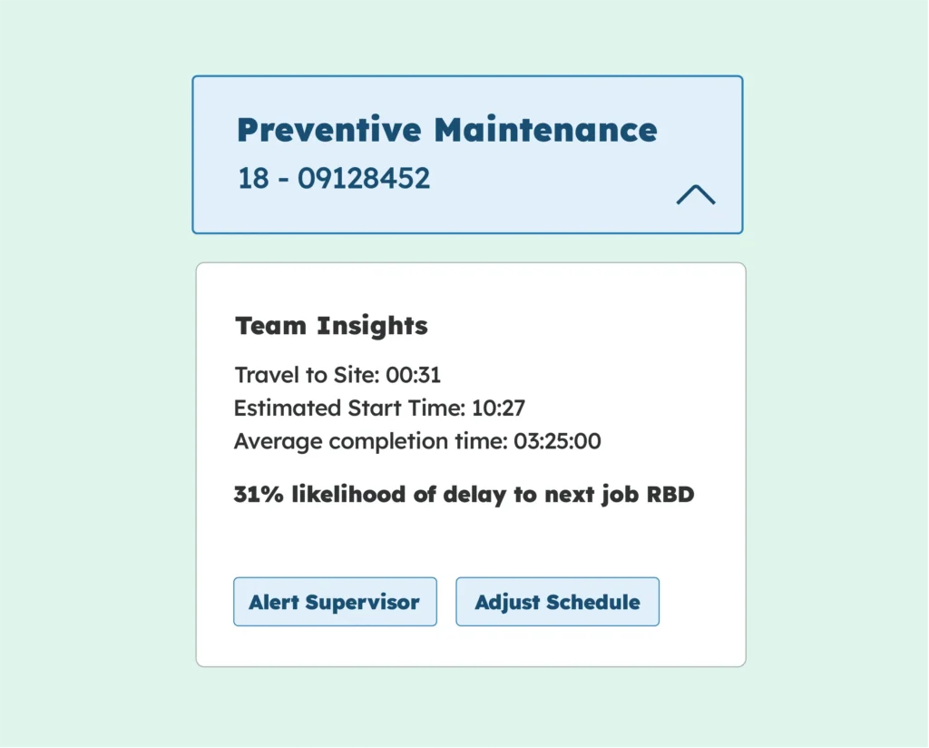 Job scheduling insight showing travel time, estimated start time and potential delays to planned work.