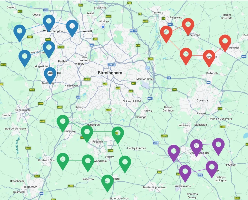 Job scheduling map showing field work locations and team coverage across multiple areas.