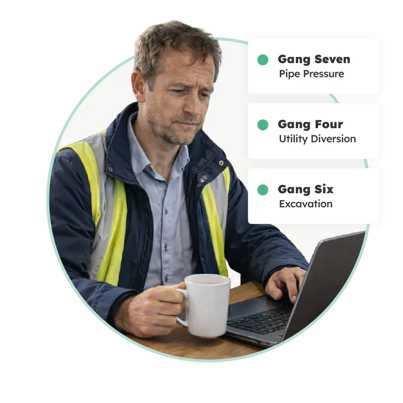 Back-office scheduler using job scheduling software to assign gangs and manage field work.