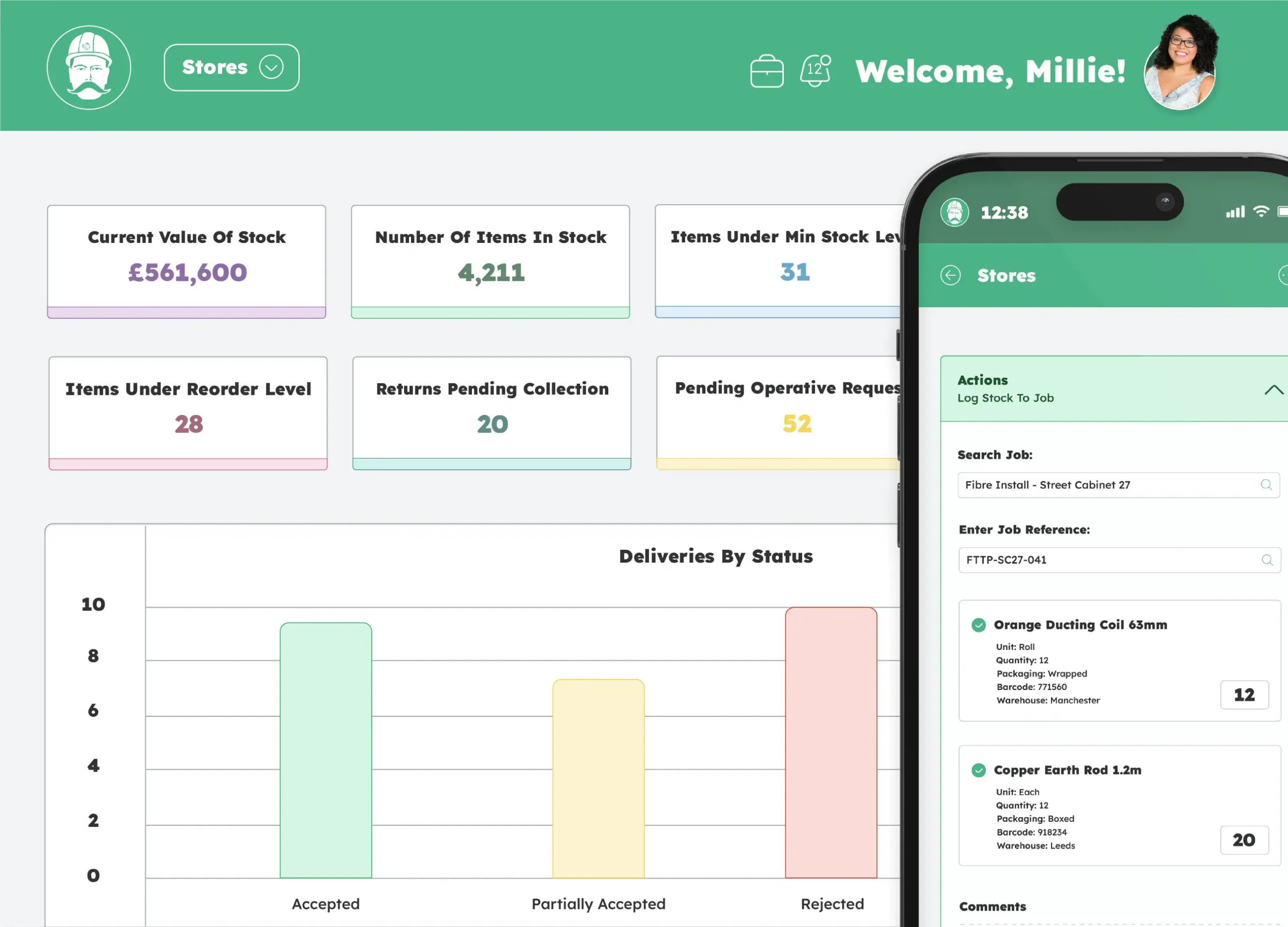 Depotnet stock management software showing inventory levels, stock requests, deliveries and materials allocated to jobs.