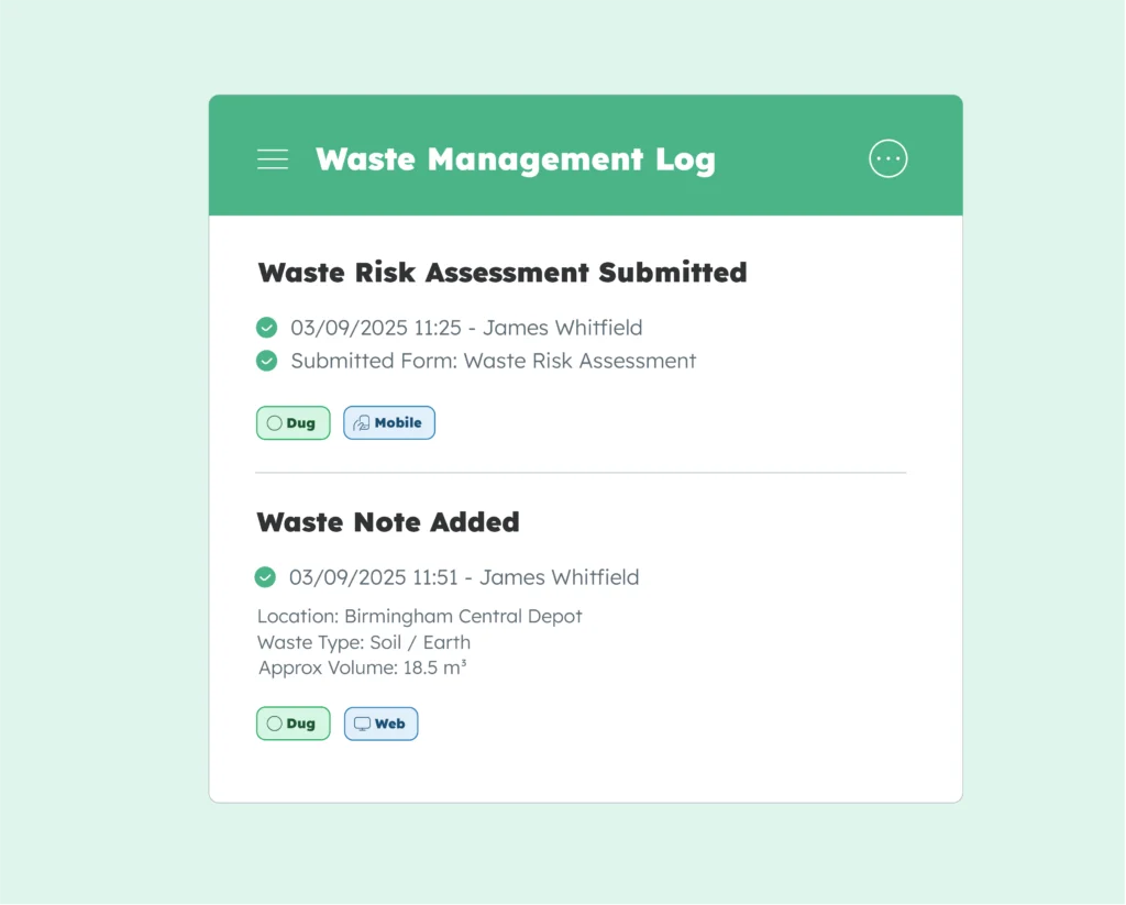 Digital waste management log recording a submitted waste risk assessment and site waste details.