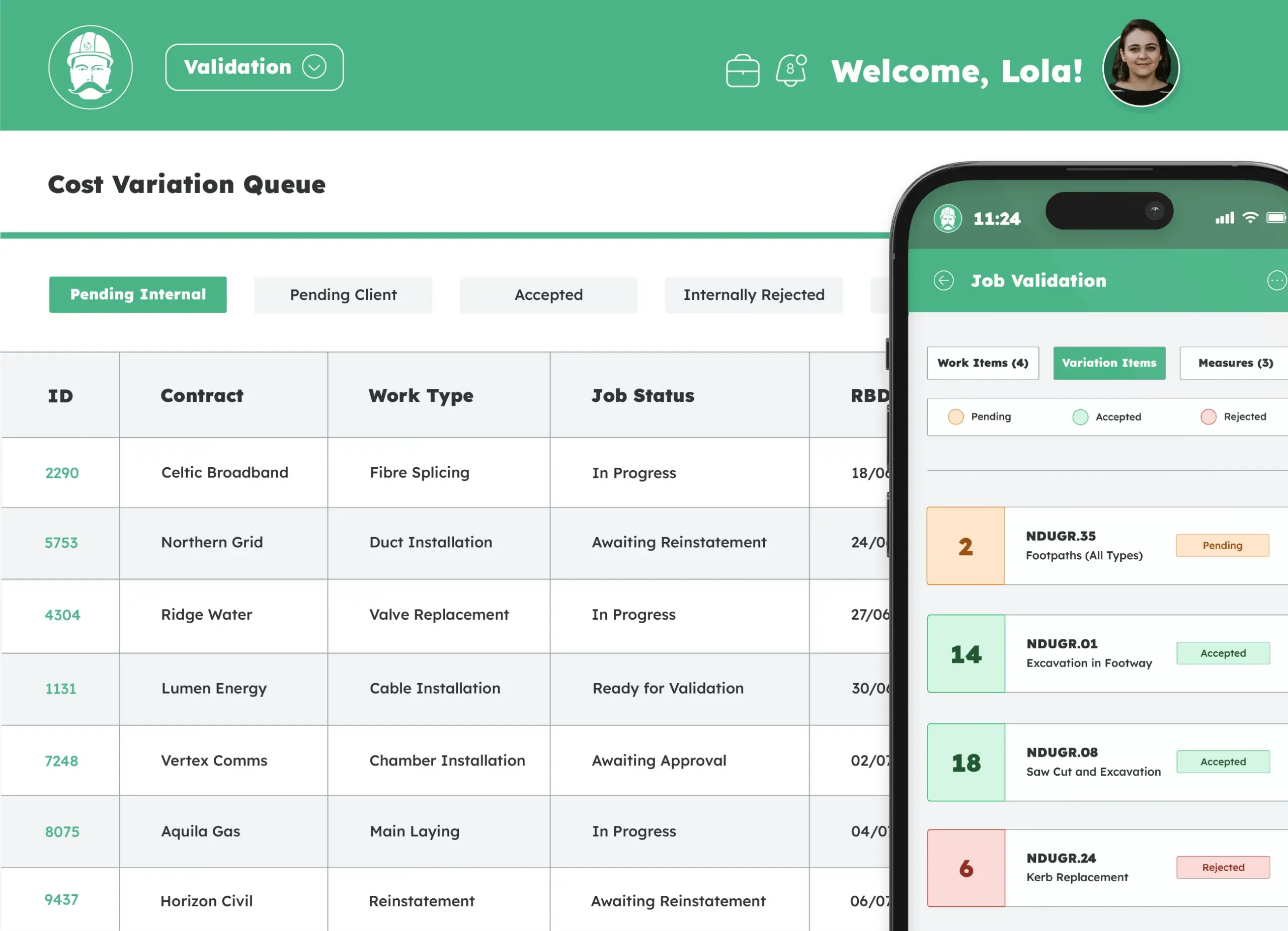 Depotnet work order management software showing job validation and cost variations across desktop and mobile.