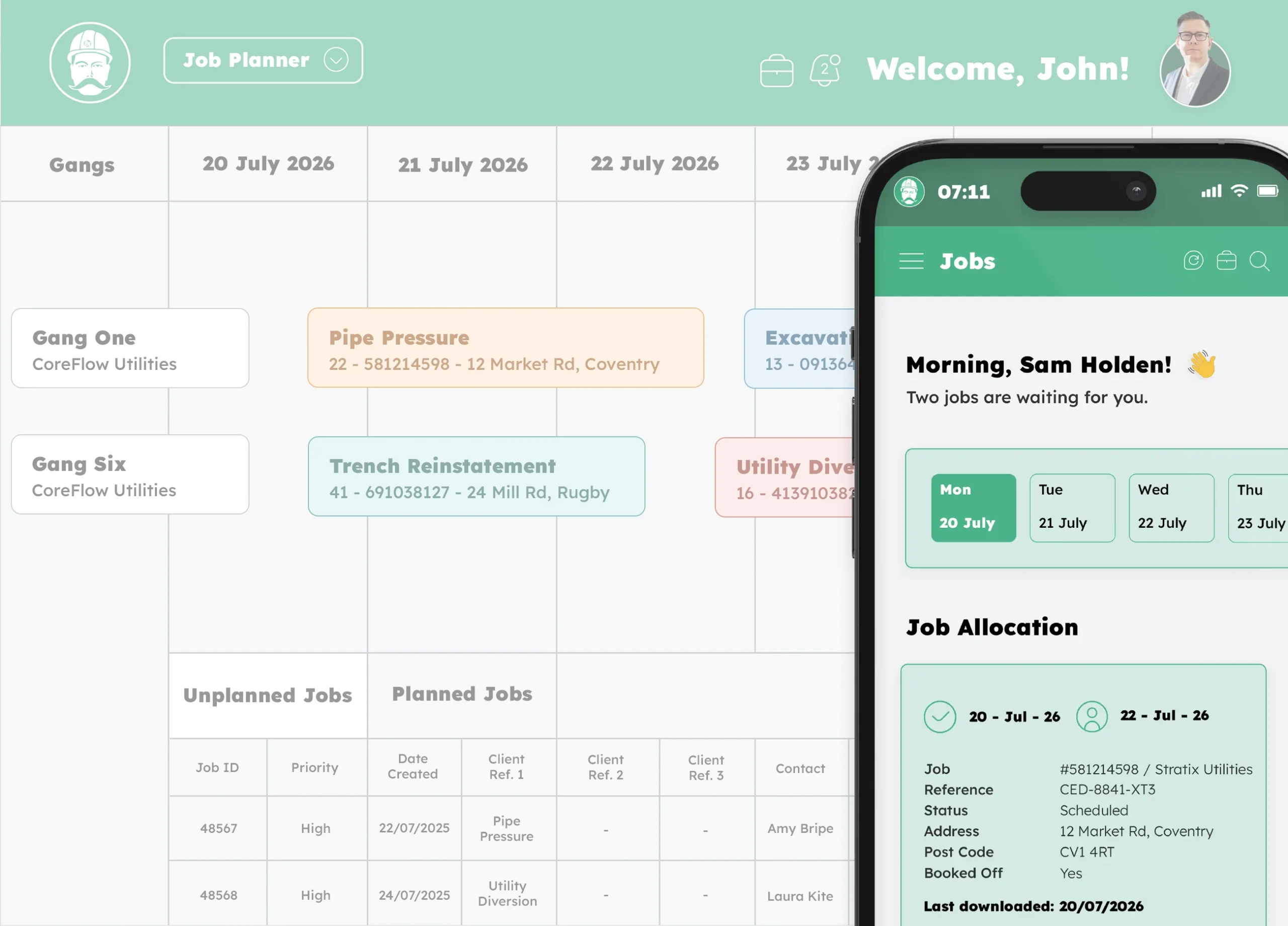 Depotnet workforce management software showing job planning and field job allocation across desktop and mobile.