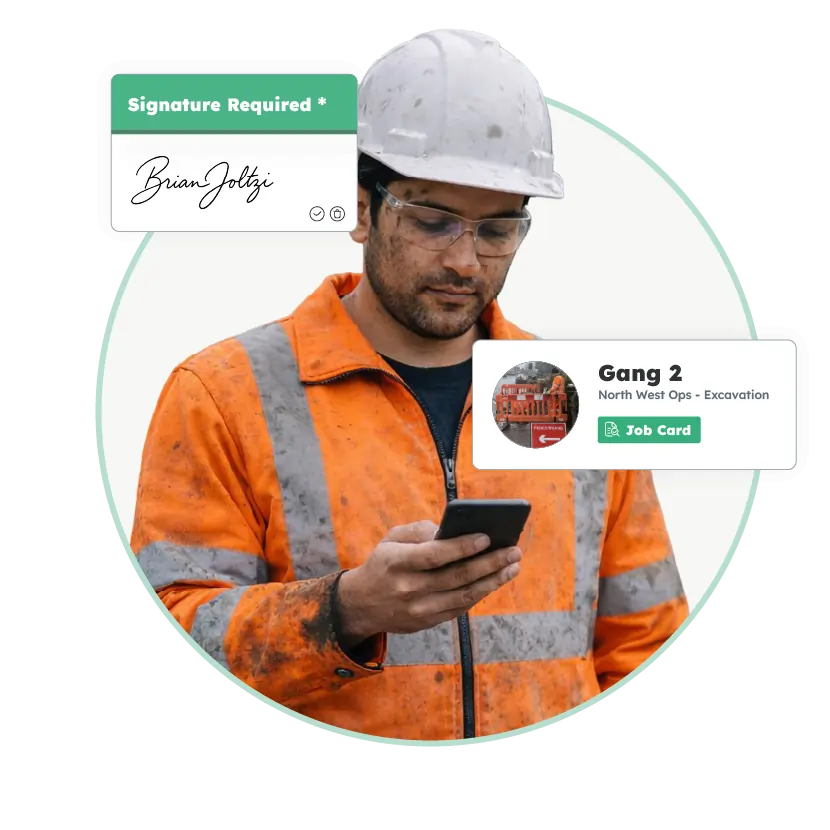 Field operative using workforce management software to access job details and complete work on site.